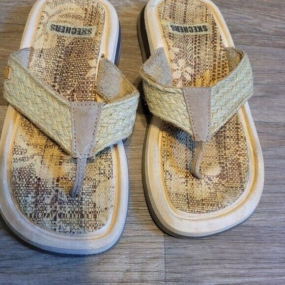Vtg Y2K Skechers Woven Flip Flops Womena Size 8 Boho Beige Beachy Preppy - Picture 3 of 10